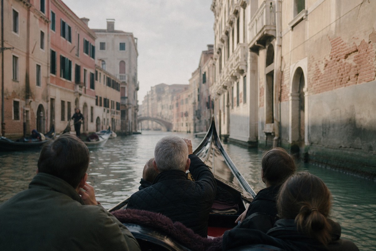 Shared gondola ride on the Grand Canal in Venice with several passengers on the benches