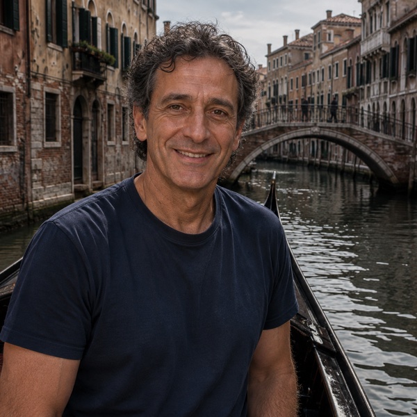 Marco Zanetti, Venice gondola ride specialist, on a gondola in a quiet canal with a stone bridge behind