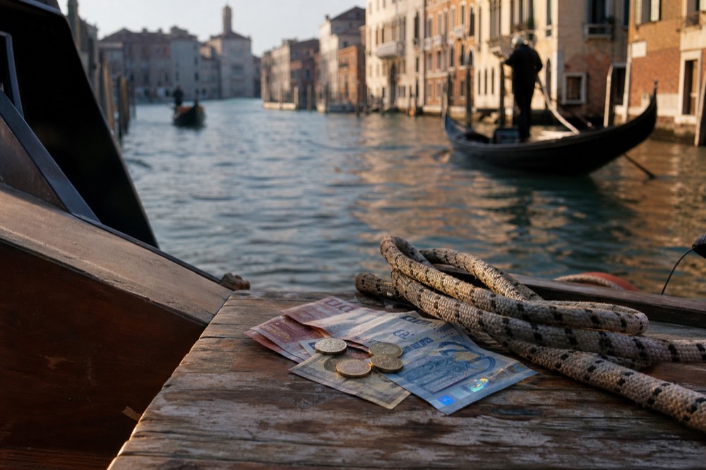 Euro banknotes and coins resting on a worn wooden bench slat beside a coiled mooring rope on a boat