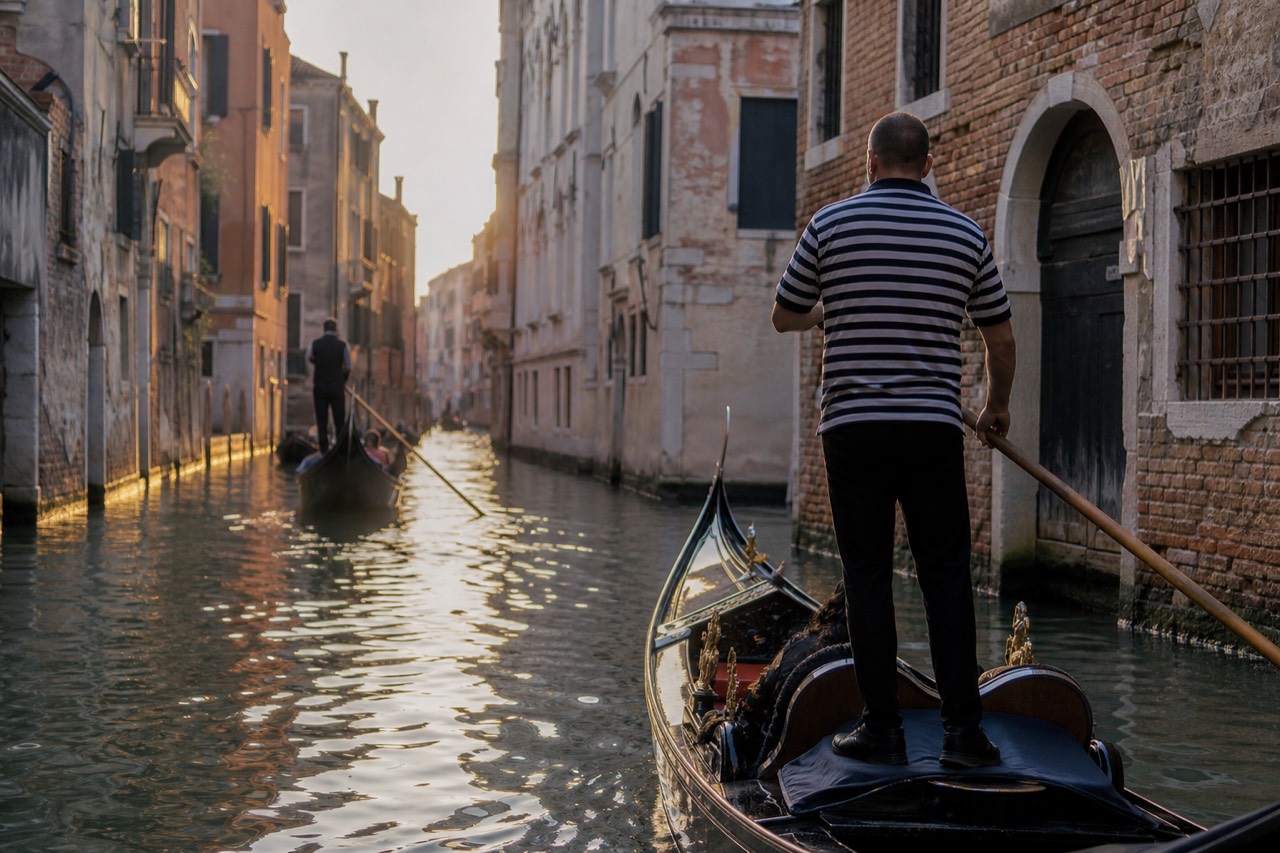 A gondolier standing at the stern oar in a striped shirt, seen from behind against a narrow canal lined with weathered brick palazzi