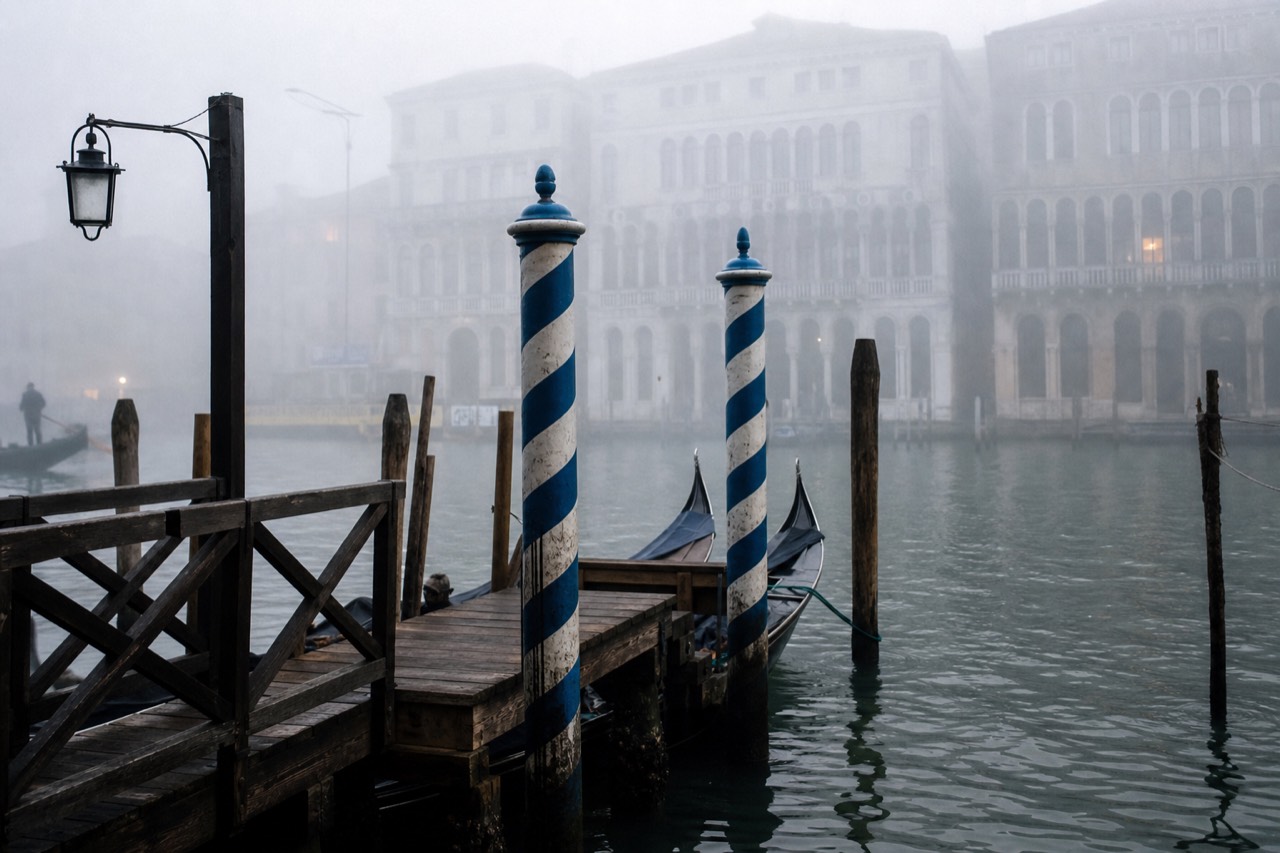 An empty gondola station with striped mooring poles and a wooden boarding platform beside a quiet canal in early morning light
