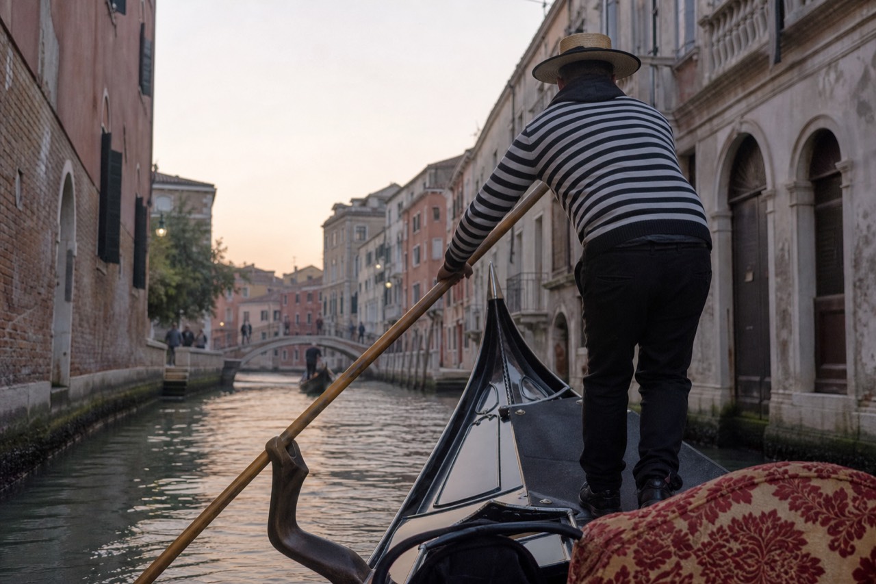 A gondolier's striped shirt and straw hat seen from the passenger bench as he leans into the oar on a narrow canal at dusk