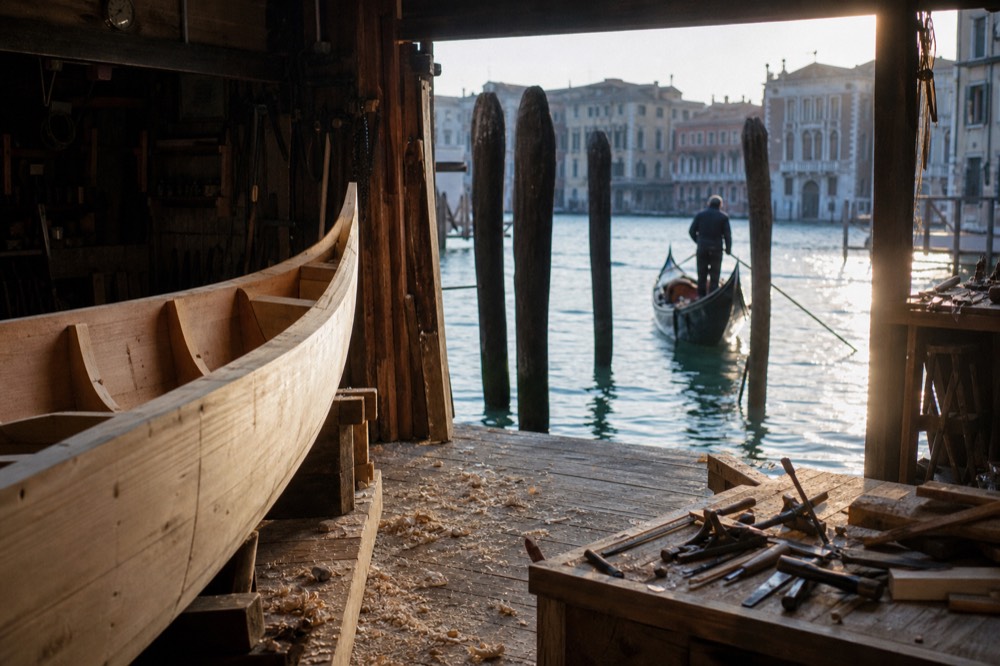 A wooden boatyard shed with a half-built gondola resting on its wooden form, shavings and hand tools scattered on the floor