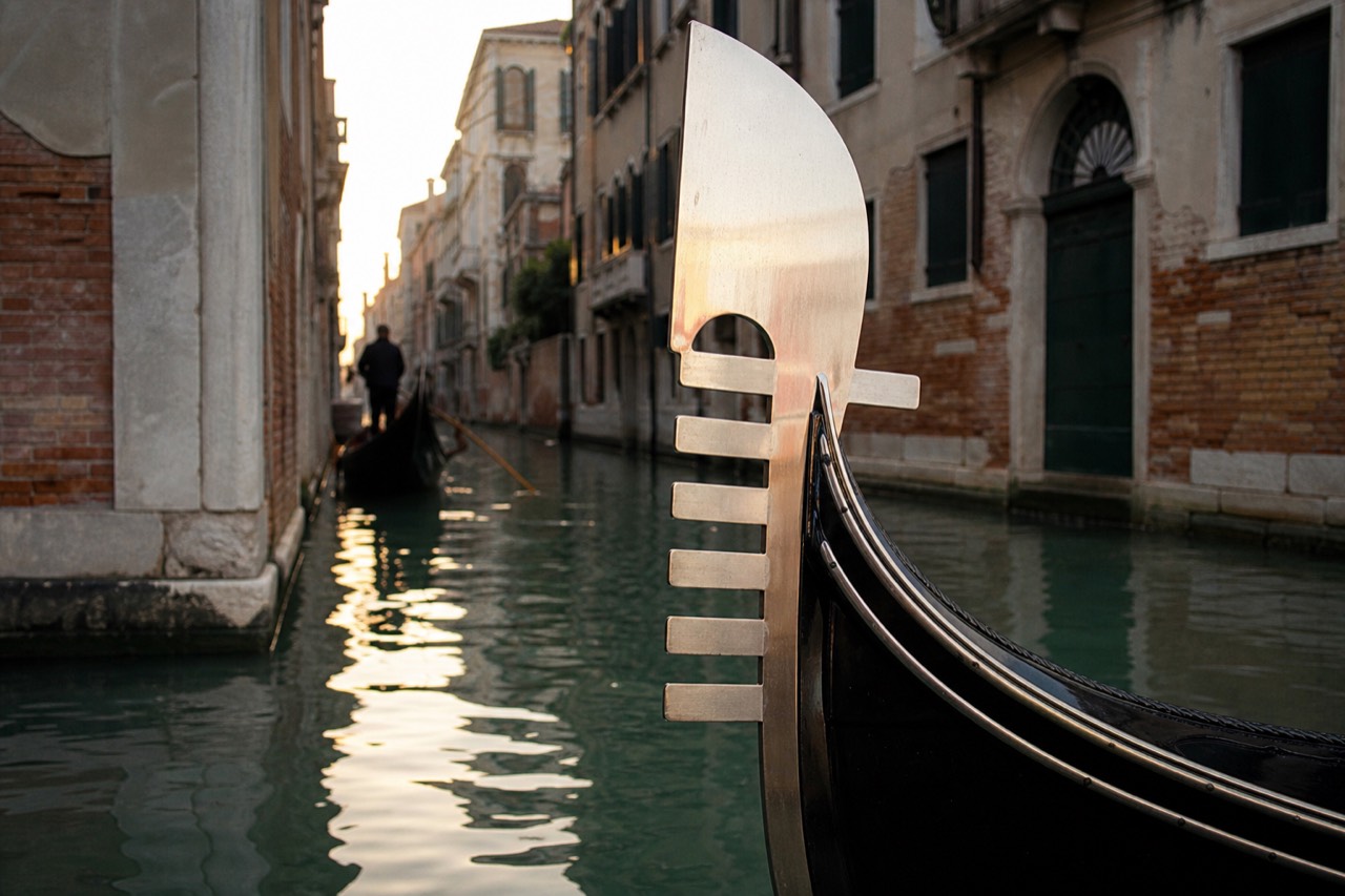 The polished steel ferro on a gondola's prow catching morning light, its comb of forward teeth silhouetted against green canal water