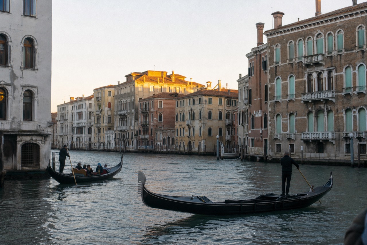 Two black gondolas passing in opposite directions on a wide canal in flat midday light, one bench full of passengers and one empty