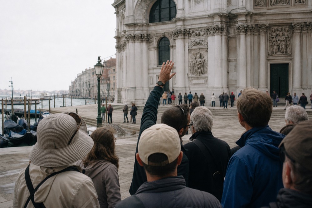 A guide's raised hand gesturing toward a carved stone facade above a crowded stone square in bright midday light, seen from behind the group