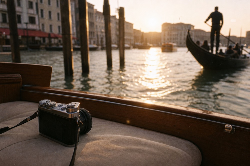 A camera resting on a boat cushion with a blurred canal and warm evening light filling the background beyond the gunwale