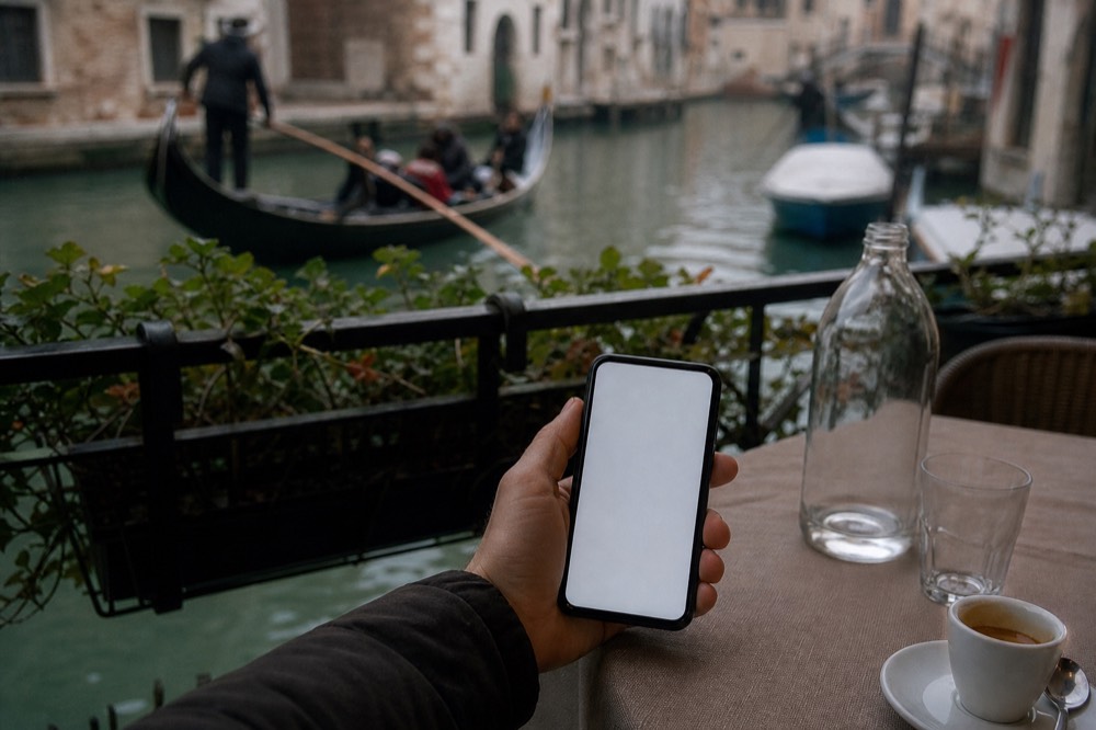 A phone held over a cafe table showing a blank screen, with a canal and moored boats blurred in the background beyond the railing
