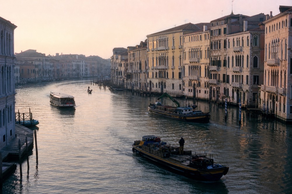 Wide view of Venice's principal waterway curving between rows of gothic palace facades, a waterbus and two working barges sharing the channel