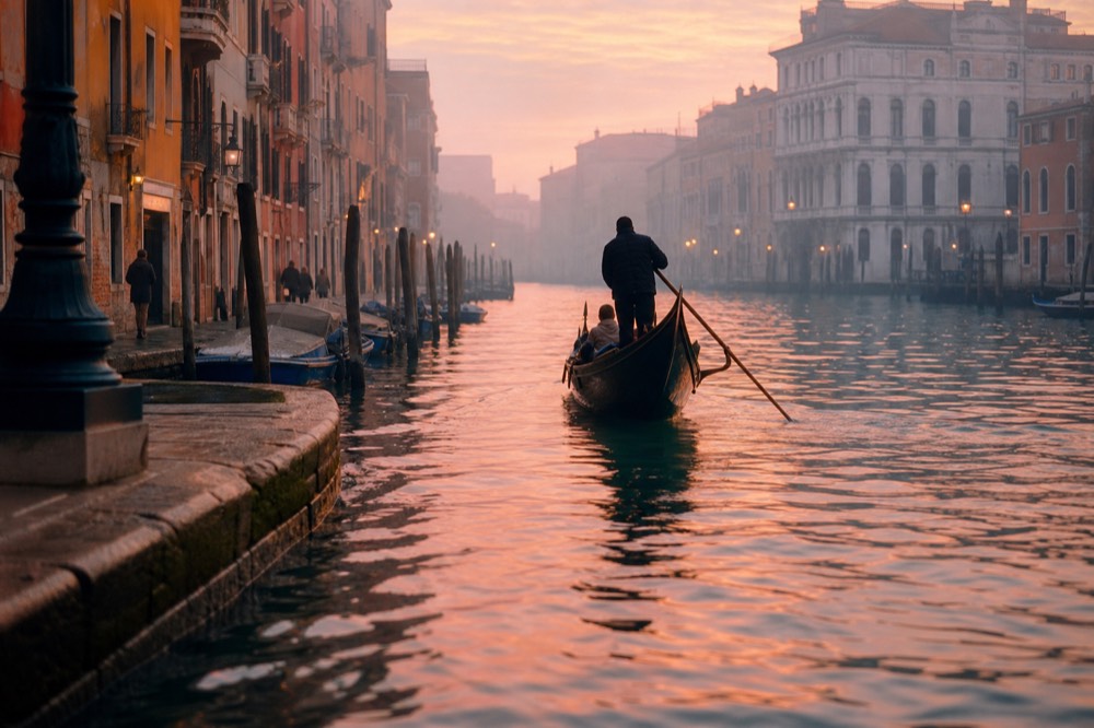 A gondola prow cutting through water that has turned pink and gold, the ripples carrying the colour outward towards a shadowed embankment